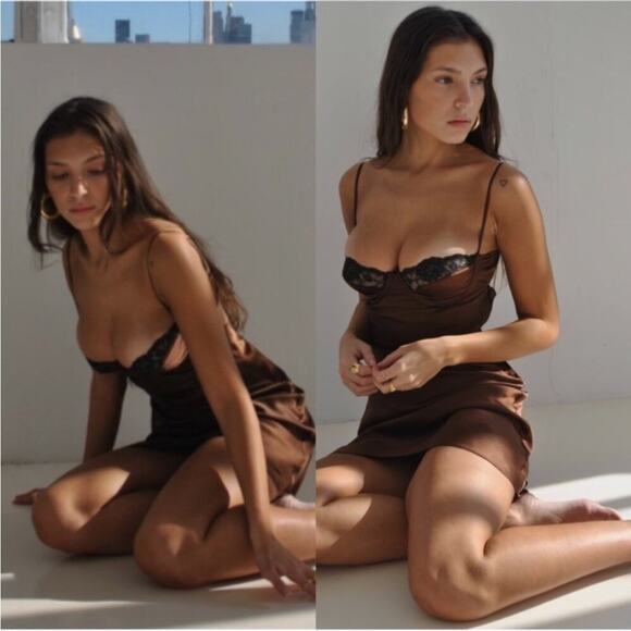 Mirror Palais Silk Satin Underwire Slip Mini Dress Medium Chocolate Brown - Picture 4 of 14